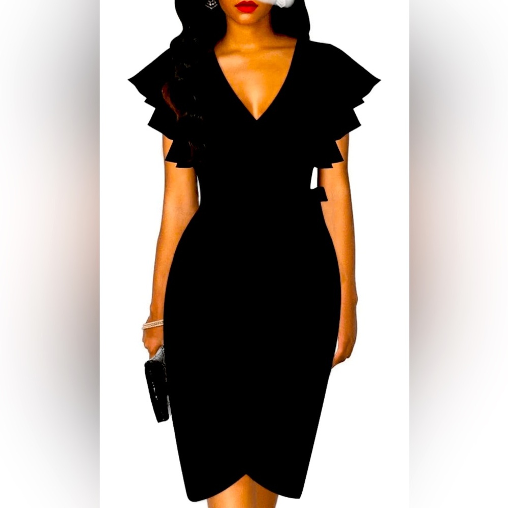Oten Cocktail Dress Small Black Stretch Faux Wrap  Deep V-Neck Ruffle Sleeve